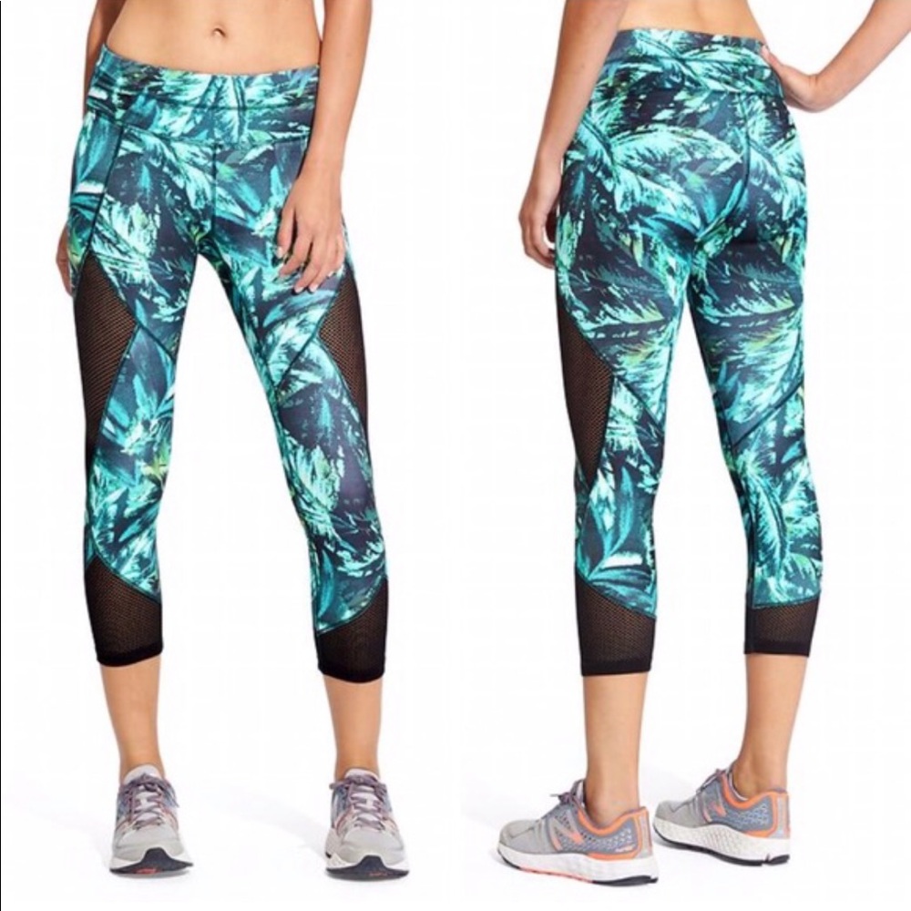 Athleta Teal and Black Tropical Print Mesh Capri Leggings